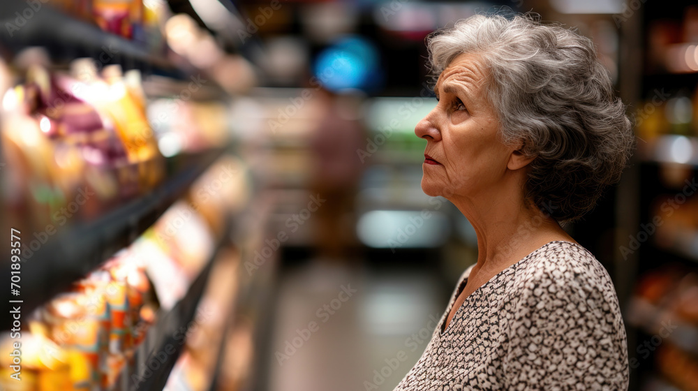 Old lady concerned with high food prices and inflation