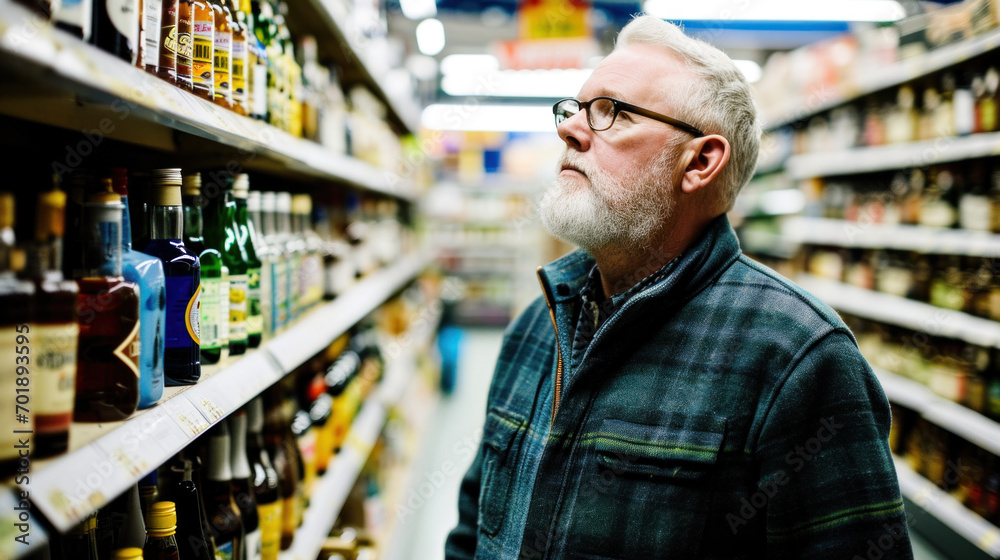 Middle aged man looking at shelf with liquor