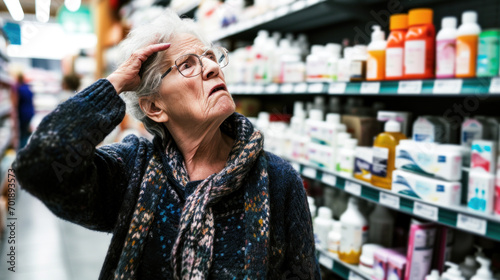 Old lady concerned with high food prices and inflation in pharmacy photo