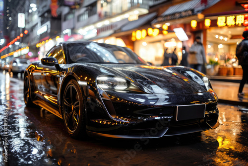 A sleek black luxury sports car parked on a wet city street at night, surrounded by glowing city lights and neon signs.