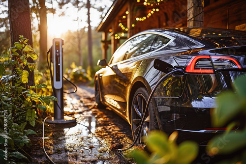A modern electric car charging at a home station with the warm glow of sunset in the background. © apratim