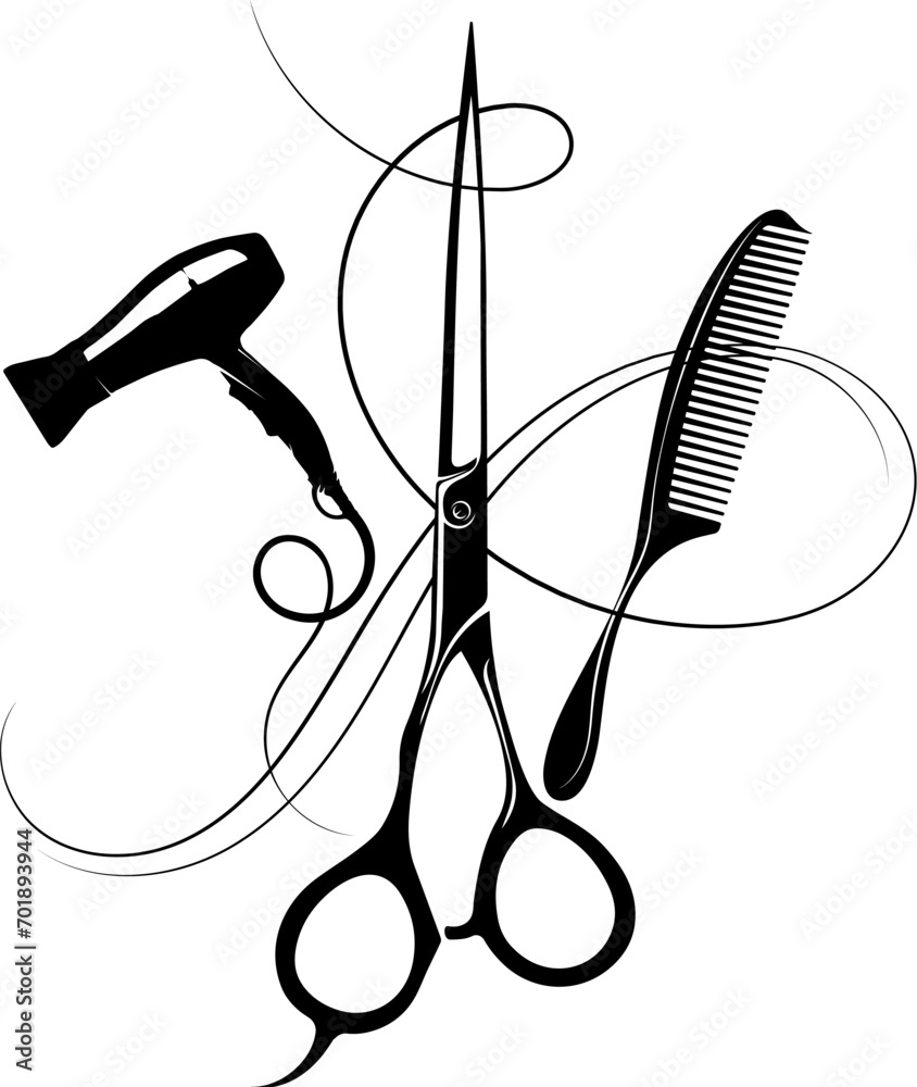 Hairdryer comb scissors and curl of curled hair. Sign for beauty salon and hairdresser - obrazy, fototapety, plakaty 