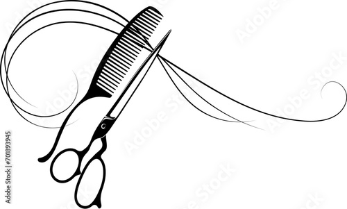 Scissors comb stylist and curly lock of hair. Design for a beauty salon and hairdresser
