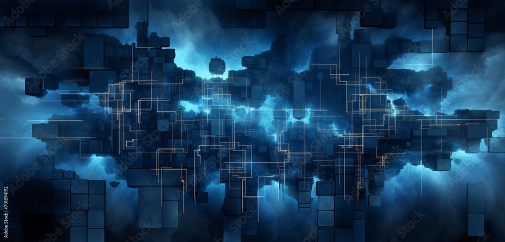 Abstract digital pixel design of a thunderstorm scene in dark grey and blue on a 3D wall, capturing abstract digital pixel design