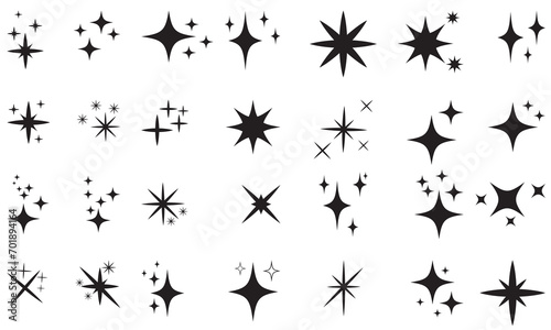 Minimalist twinkle star shape symbols. Shining star icons, abstract sparkle black silhouettes. Modern geometric elements, shining star icon set. Set of twinkling star vector.  
