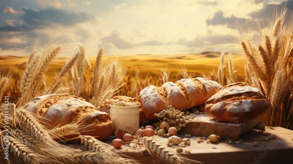 Variety of baked bread on wooden table with wheat field background - obrazy, fototapety, plakaty 