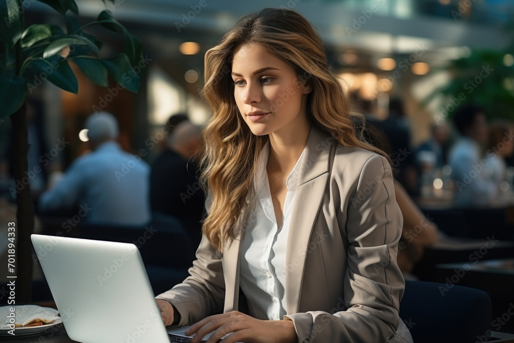 Businesswoman at a cafe with a laptop, deep in concentration. Businesswoman at a cafe with a laptop, deep in concentration.