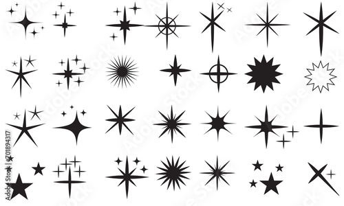 Shining star icons, abstract sparkle black silhouettes icon  set. Set of twinkling stars vector.  Modern geometric elements, shining star icon set. Glittering stars vector. © Vector Vista