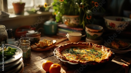 homemade quiche with garden vegetables in kitchen nook, timeliness home-kitchen style, cottagecore aesthetic