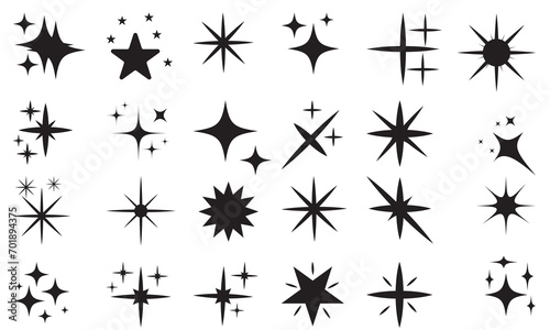 Set of twinkling stars vector.  Minimalist twinkle star shape symbols. Shiny sparks. Modern geometric elements, shining star icon set. Twinkling spark and burst  icons set. © Vector Vista