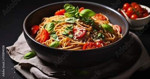 A Savory Serving of Vegan Spaghetti with Fresh Tomatoes, Basil, Scallions, and a Sprinkle of Cashew Parmesan. Generative AI
