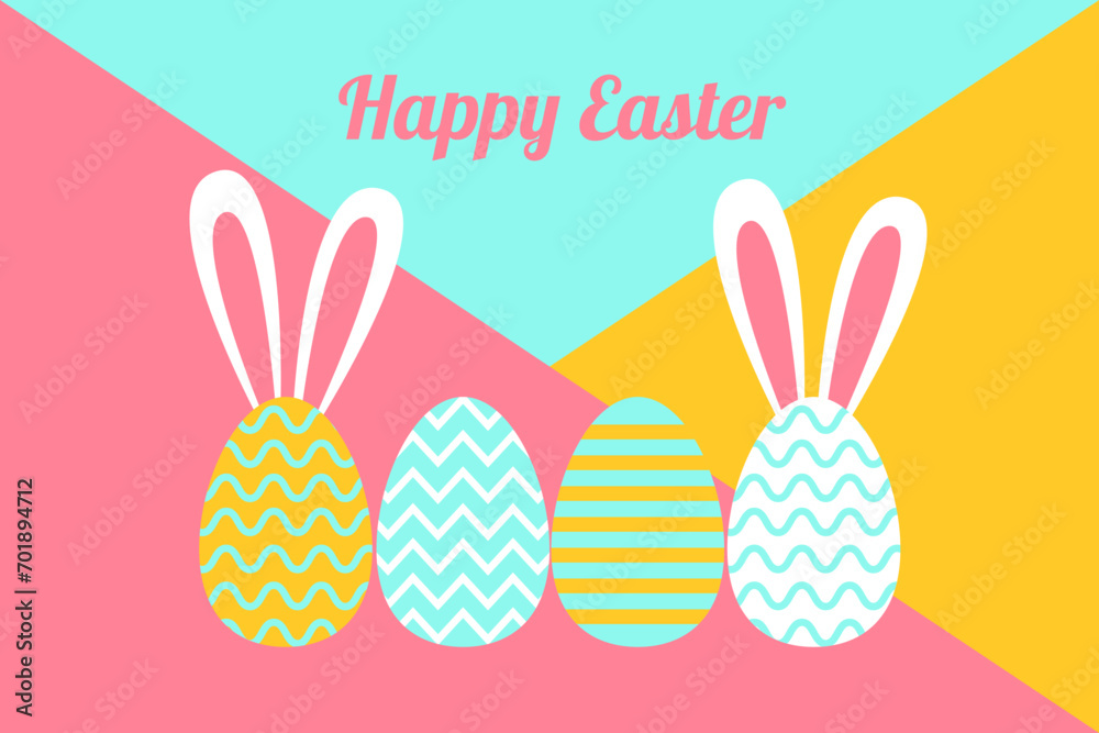 Easter geometrical ornament card with painted eggs and rabbit ears. Holiday covers, posters, banners, greeting card. Flat vector illustration Easter geometrical ornament card with painted eggs and rabbit ears. Holiday covers, posters, banners, greeting card. Flat vector illustration