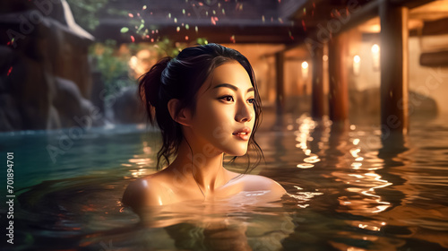 Beautiful asian woman relaxing in swimming pool at luxury spa resort