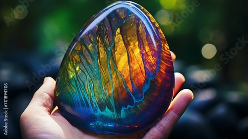 An 8K photo capturing the captivating colors and patterns of a rare, spectrolite gemstone photo