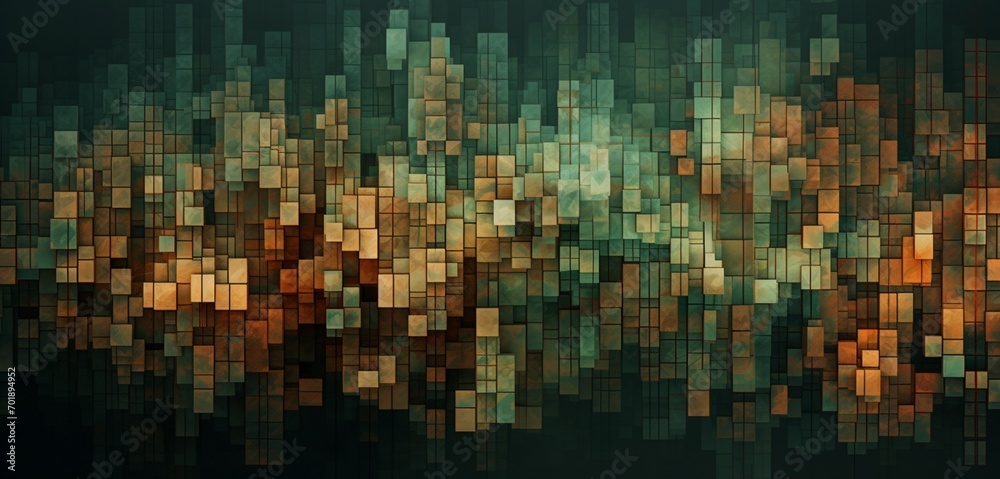 Abstract digital pixel design resembling a forest canopy in green and brown on a 3D textured wall, signifying abstract digital pixel design