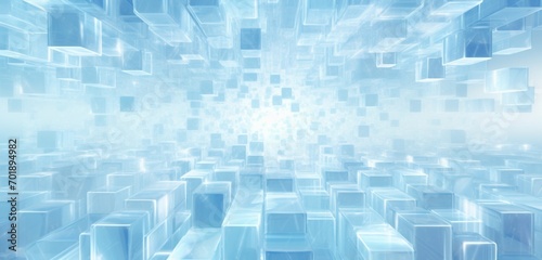 Abstract digital pixel design with an ice crystal pattern in icy blue and white on a 3D textured wall, focusing on abstract digital pixel design