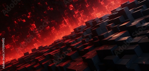 Abstract digital pixel design with a lava flow effect in red and black on a 3D wall, highlighting abstract digital pixel design