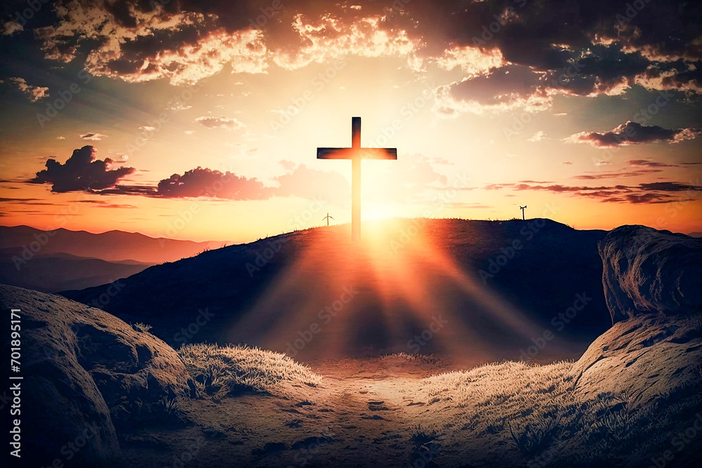 calvary sunset background for Good Friday He is risen. Generative AI