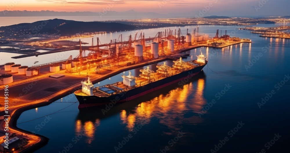 Aerial View of an Oil Tanker at a Busy Logistic Seagoing Ship's Loading Dock at Night. Generative AI Aerial View of an Oil Tanker at a Busy Logistic Seagoing Ship's Loading Dock at Night. Generative AI