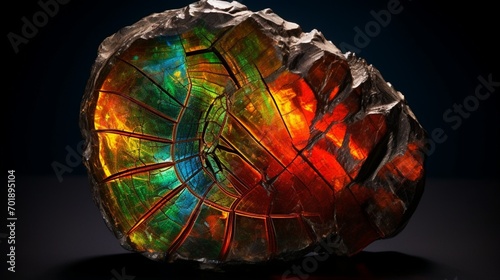 An Ammolite fossil showcasing its vibrant, natural colors and rich textures in full ultra HD. High resolution 8K image capturing every nuance