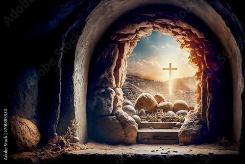 empty tomb of Jesus Christ at sunrise resurrection photo