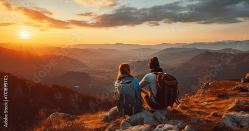 Two Hikers Share a Moment of Sunset Serenity A top a Mountain on Their Vacation. Generative AI