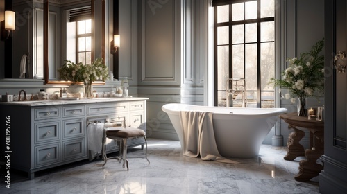 Luxury with exquisitely designed marble-tiled bathroom. Generative AI © Ilham