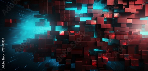 Abstract digital pixel design featuring angular lines in turquoise and maroon on a 3D wall, accentuating abstract digital pixel design © Lucifer