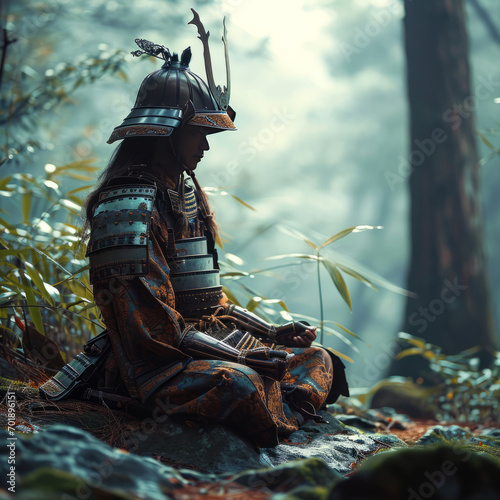 Samurai Amidst Forest Serenity Meditation photo