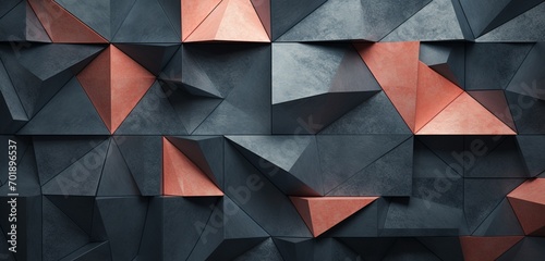 Abstract digital pixel design of intersecting triangles in coral and slate on a 3D wall texture, typifying abstract digital pixel design