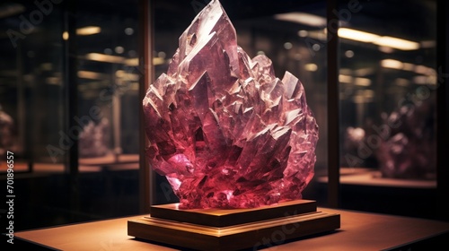 An incredibly detailed 4K image of a Poudretteite specimen in a museum display, showcasing its historical significance and its place in the world of gemstones photo