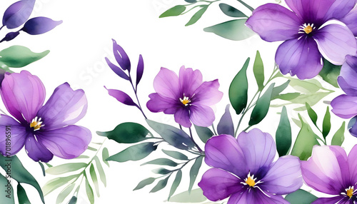 Watercolor purple floral background. Purple flowers with leafs.