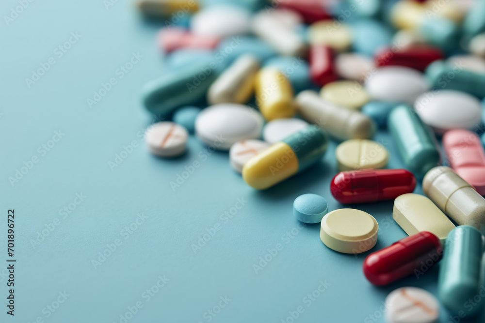 capsule pills and medicine isolated on blue background capsule pills and medicine isolated on blue background