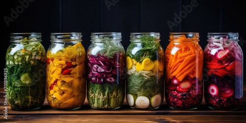 Home canning for the winter. Lots of glass jars with canned vegetables. Healthy food. Generative AI photo