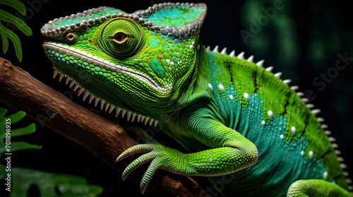 A close up view reveals a green colored chameleon © Data