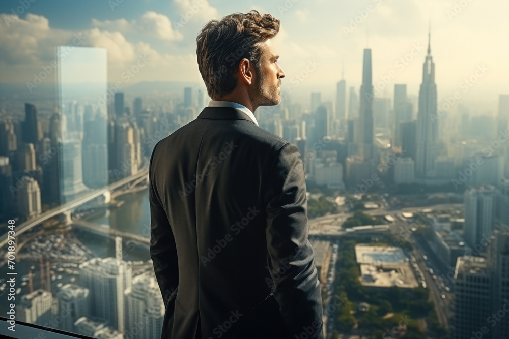 An elegant male figure observes the golden hour over an urban horizon An elegant male figure observes the golden hour over an urban horizon