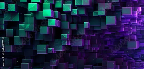 Abstract digital pixel design featuring a geometric fractal in purple and green on a 3D textured wall  exemplifying abstract digital pixel design