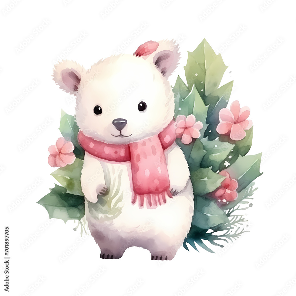 Obraz premium cute baby ice bear and his cactus watercolor illustration