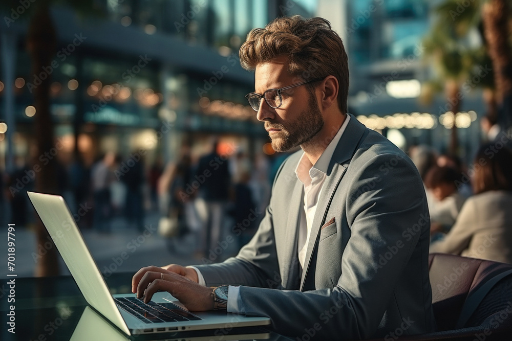 Businessman at a cafe with a laptop, deep in concentration. Businessman at a cafe with a laptop, deep in concentration.