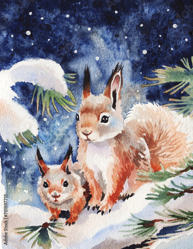 Squirrel on a snow covered tree. Watercolor winter.