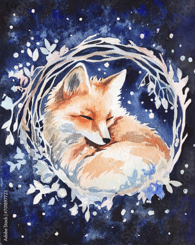 Watercolor card. Beautiful illustration with fox and plants