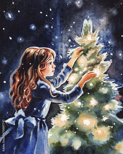 Watercolor Illustration of cute little girl decorates Christmas tree with ball