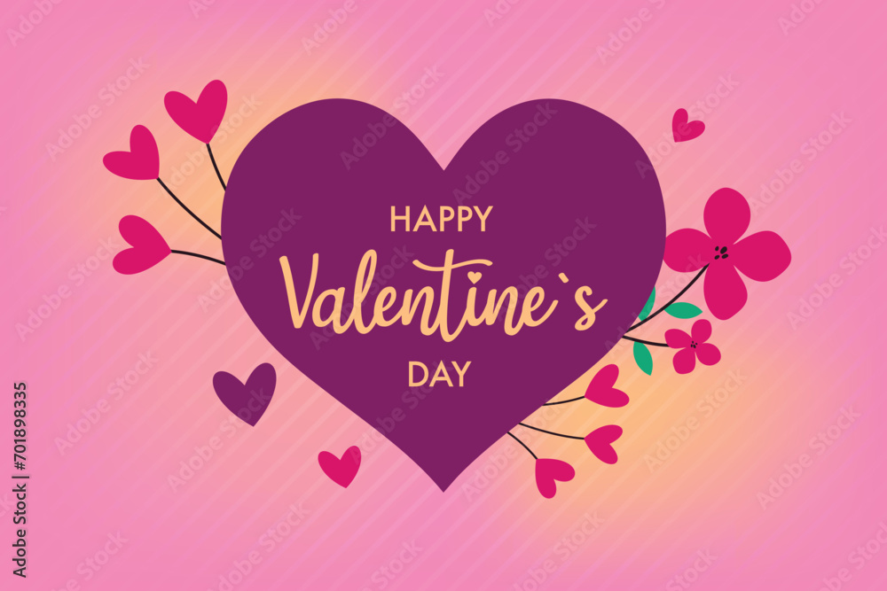 happy valentine's day  card with heart shape and flowers flat design 