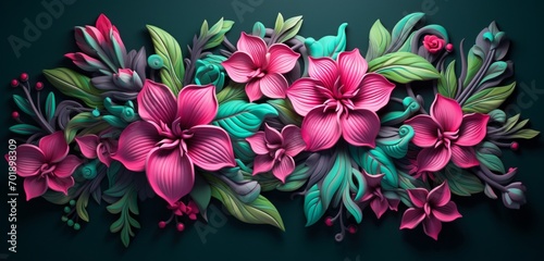 An eye-catching neon light graffiti design with floral motifs in pink and green on a 3D wall texture