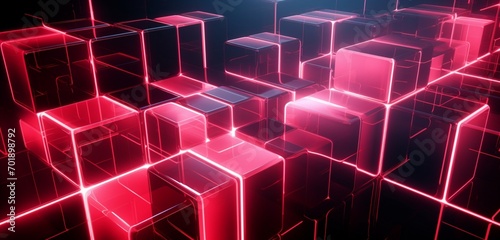 Dynamic neon light design with a series of dark red and white geometric shapes on a cubic 3D surface