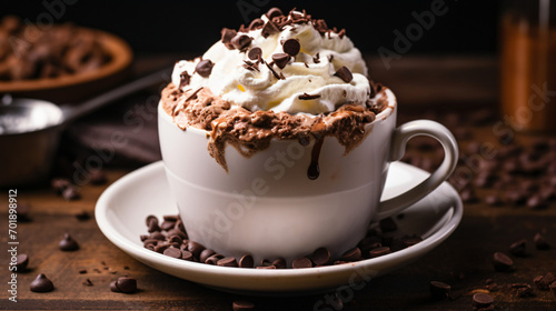 A cup of whipped cream topped hot cocoa