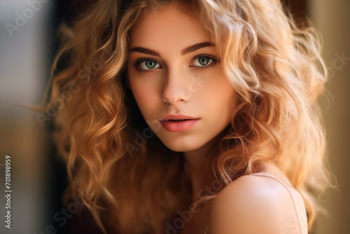 Blonde woman turning around with intense gaze, youthful, sexy