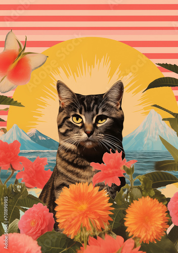 Vivid retro sun complements the serene allure of tropical kittens.