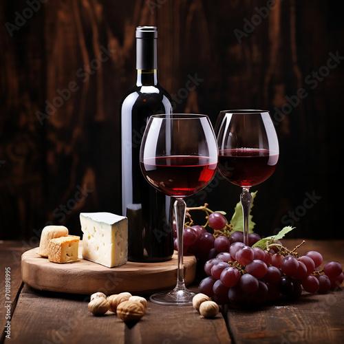 Wine composition with cheese, grapes and wine bottle on wooden background