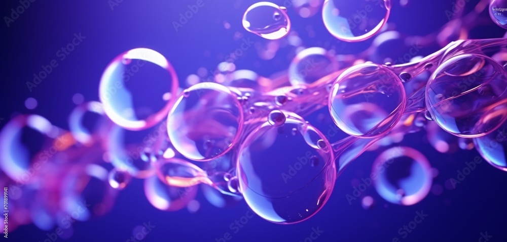 Dynamic neon light design with a cascade of purple and white bubbles on a bubbly 3D surface